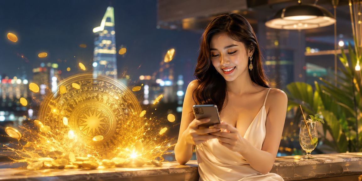 Màn hình điện thoại hiển thị giao diện giải thưởng casino trong không gian đêm neon TP. Hồ Chí Minh