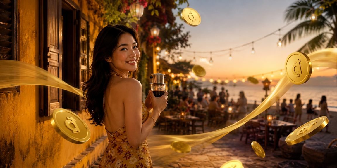 Người chơi thư giãn bên tách cà phê tại Hội An, tượng trưng cho phong cách giải trí có trách nhiệm